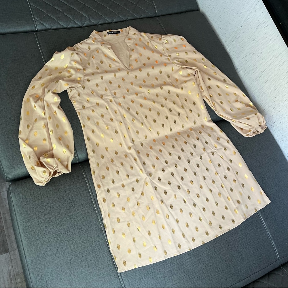 Elegant Polka Dot Notched V Neck Long Sleeve Tunic Dress Blouse modest layer
